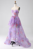 Purple Printed Strapless Corset Prom Dress