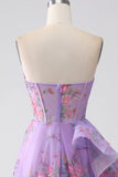 Purple Printed Strapless Corset Prom Dress