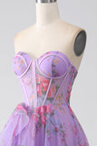 Purple Printed Strapless Corset Prom Dress