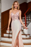 Beaded Mermaid Glitter Pink Prom Dress with Slit