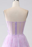 Lavender Printed Strapless Corset Prom Dress with Beading