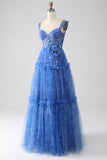 Blue Printed A Line Tulle Corset Prom Dress