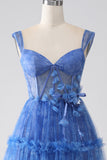 Blue Printed A Line Tulle Corset Prom Dress