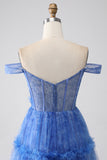 Blue Printed A Line Tulle Corset Prom Dress