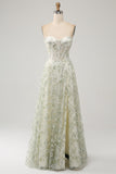 Strapless A-Line Light Green Corset Floral Prom Dress with Slit