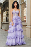 Lavender Princess A Line Sweetheart Long Corset Prom Dress With Tiered Lace