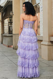 Lavender Princess A Line Sweetheart Long Corset Prom Dress With Tiered Lace