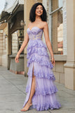 Lavender Princess A Line Sweetheart Long Corset Prom Dress With Tiered Lace