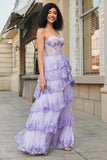 Lavender Princess A Line Sweetheart Long Corset Prom Dress With Tiered Lace