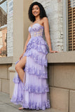 Lavender Princess A Line Sweetheart Long Corset Prom Dress With Tiered Lace