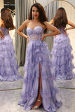 Lavender Strapless Tiered Tulle Corset Prom Dress with Appliques