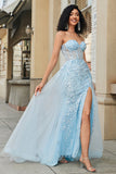 Charming Blue A Line Sweetheart Long Corset Prom Dress With Beading Slit