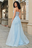 Charming Blue A Line Sweetheart Long Corset Prom Dress With Beading Slit