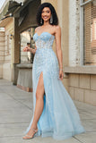 Charming Blue A Line Sweetheart Long Corset Prom Dress With Beading Slit