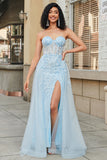 Charming Blue A Line Sweetheart Long Corset Prom Dress With Beading Slit