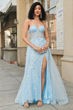 Charming Blue A Line Sweetheart Long Corset Prom Dress With Beading Slit