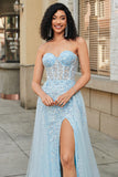 Charming Blue A Line Sweetheart Long Corset Prom Dress With Beading Slit