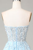 Corset Blue Strapless A Line Prom Dress with Slit