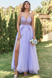 Purple Tulle A-line Prom Dress with Beading