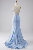 Light Blue Sparkly Mermaid Prom Dress with Slit