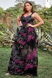 A Line Spaghetti Straps Black Mixed Flower Plus Size Prom Dress