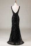 Black Sparkly V-neck Sequined Mermaid Prom Dress with Feathers