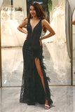 Black Sparkly Depp V-neck Mermaid Prom Dress with Feathers