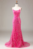 Hot Pink Sequins & Beaded Mermaid Prom Dress with Backless