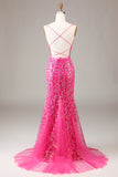 Hot Pink Sequins & Beaded Mermaid Prom Dress with Backless