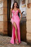 Glitter Pink Sequin Mermaid Spaghetti Straps Long Prom Dress With Slit