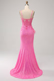 Trendy Mermaid Spaghetti Straps Pink Sequins Long Prom Dress with Appliques