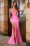 Glitter Pink Sequin Mermaid Spaghetti Straps Long Prom Dress With Slit