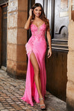 Glitter Pink Sequin Mermaid Spaghetti Straps Long Prom Dress With Slit