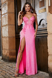 Glitter Pink Sequin Mermaid Spaghetti Straps Long Prom Dress With Slit