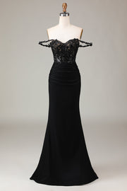 Off the Shoulder Black Sparkly Mermaid Prom Dress