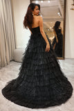 Black A Line Sweetheart Long Corset Prom Dress With Slit