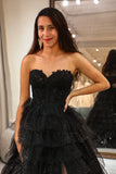 Black A Line Sweetheart Long Corset Prom Dress With Slit