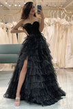 Black A Line Sweetheart Long Corset Prom Dress With Slit