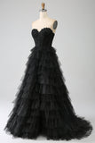 Glitter Sweetheart Black Corset Prom Dress with Slit