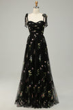 A Line Spaghetti Straps Black Long Prom Dress with Embroidery