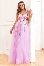 A Line Spaghetti Straps Purple Long Prom Dress with 3D Flowers