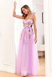 A Line Spaghetti Straps Purple Long Prom Dress with 3D Flowers