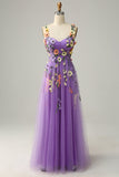 A Line Purple Spaghetti Straps Prom Dress With 3D Flowers