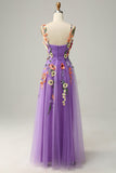 A Line Spaghetti Straps Purple Long Prom Dress with 3D Flowers