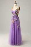 A Line Spaghetti Straps Purple Long Prom Dress with 3D Flowers