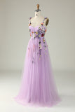 A Line Purple Spaghetti Straps Prom Dress With 3D Flowers