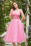 Pink Tulle A-line Midi Prom Dress with Hearts