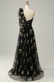 A-Line One Shoulder Black Long Prom Dress With Embroidery