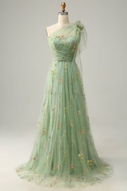 A-Line One Shoulder Green Long Prom Dress With Embroidery