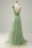 A-Line One Shoulder Green Long Prom Dress With Embroidery